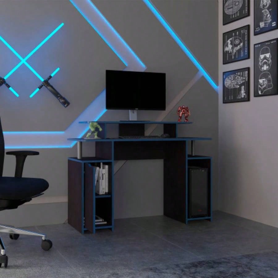 Gaming Desk, 1 Door, 6 Shelves, Black Wengue/ Blue