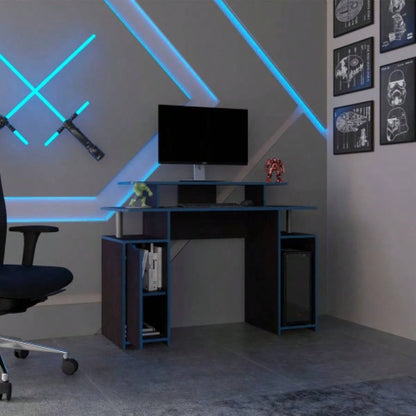 Gaming Desk, 1 Door, 6 Shelves, Black Wengue/ Blue