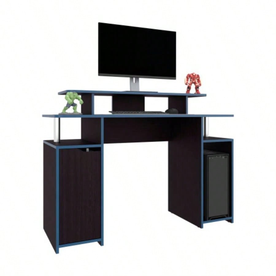 Gaming Desk, 1 Door, 6 Shelves, Black Wengue/ Blue