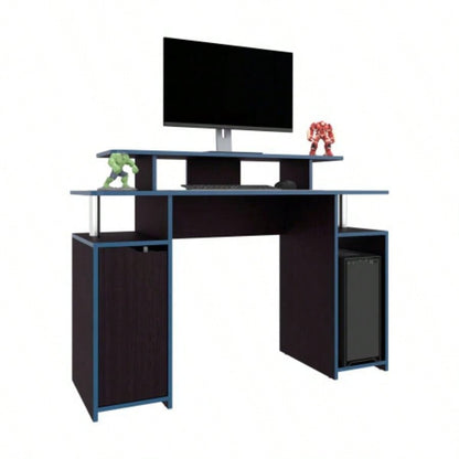 Gaming Desk, 1 Door, 6 Shelves, Black Wengue/ Blue