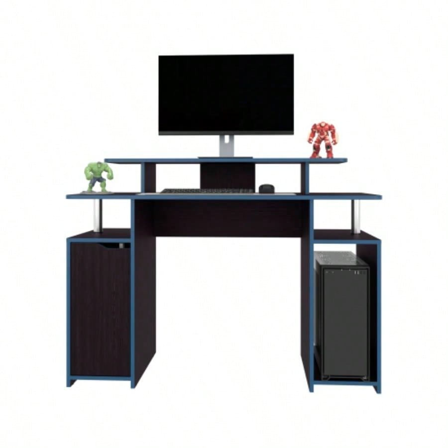 Gaming Desk, 1 Door, 6 Shelves, Black Wengue/ Blue