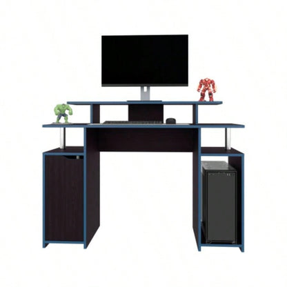 Gaming Desk, 1 Door, 6 Shelves, Black Wengue/ Blue