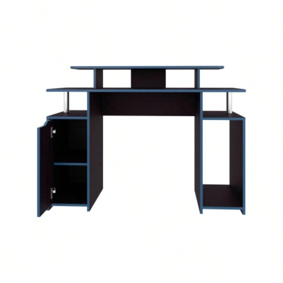 Gaming Desk, 1 Door, 6 Shelves, Black Wengue/ Blue