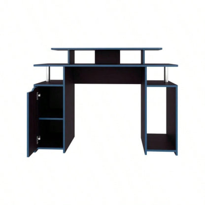 Gaming Desk, 1 Door, 6 Shelves, Black Wengue/ Blue