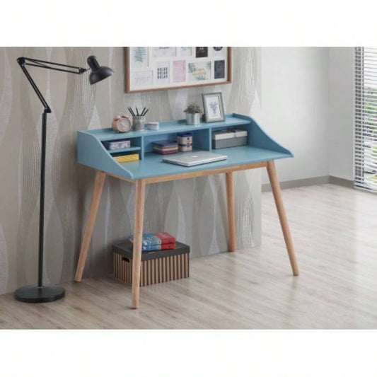 Roskilde Mid - Modern Wood Writing Desk with Hutch, Blue