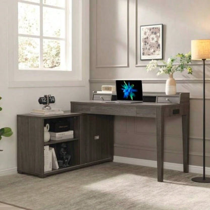 L - shaped workstation home office desk hutch return credenza sliding door aluminum metal hardware