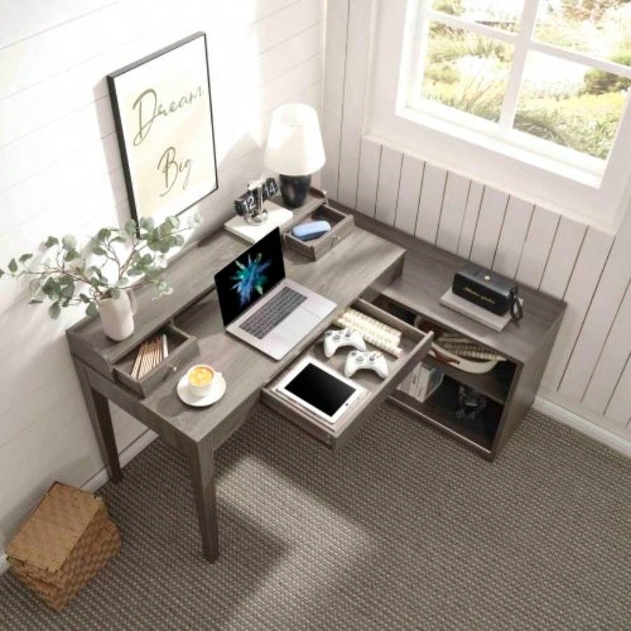 L - shaped workstation home office desk hutch return credenza sliding door aluminum metal hardware