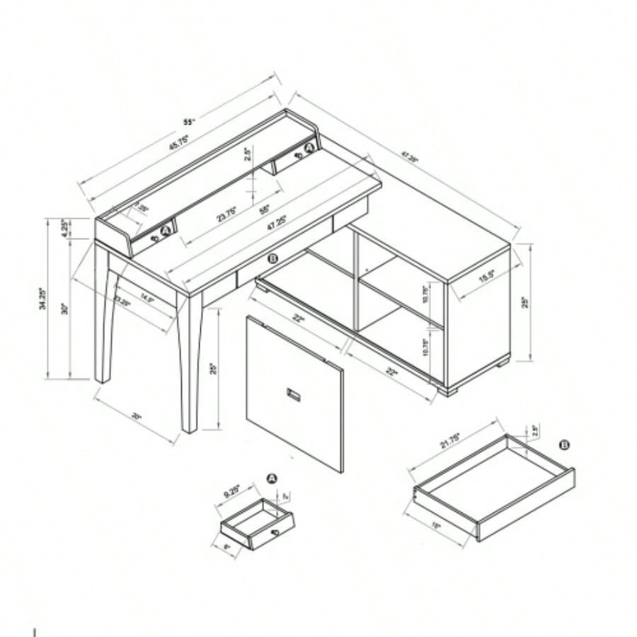 L - shaped workstation home office desk hutch return credenza sliding door aluminum metal hardware