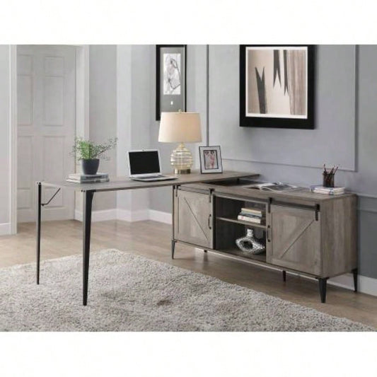 Zakawani Gray Oak Black Writing Desk with a Cabinet