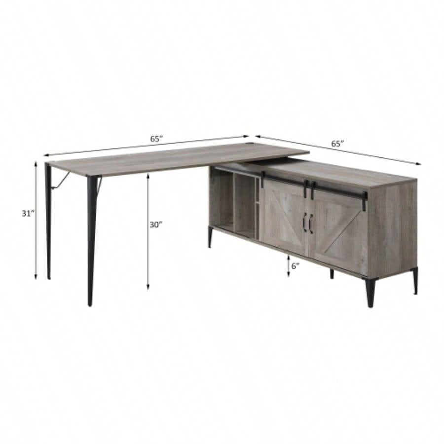 Zakawani Gray Oak Black Writing Desk with a Cabinet