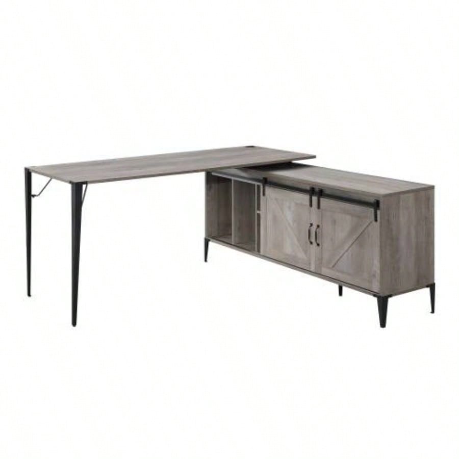 Zakawani Gray Oak Black Writing Desk with a Cabinet