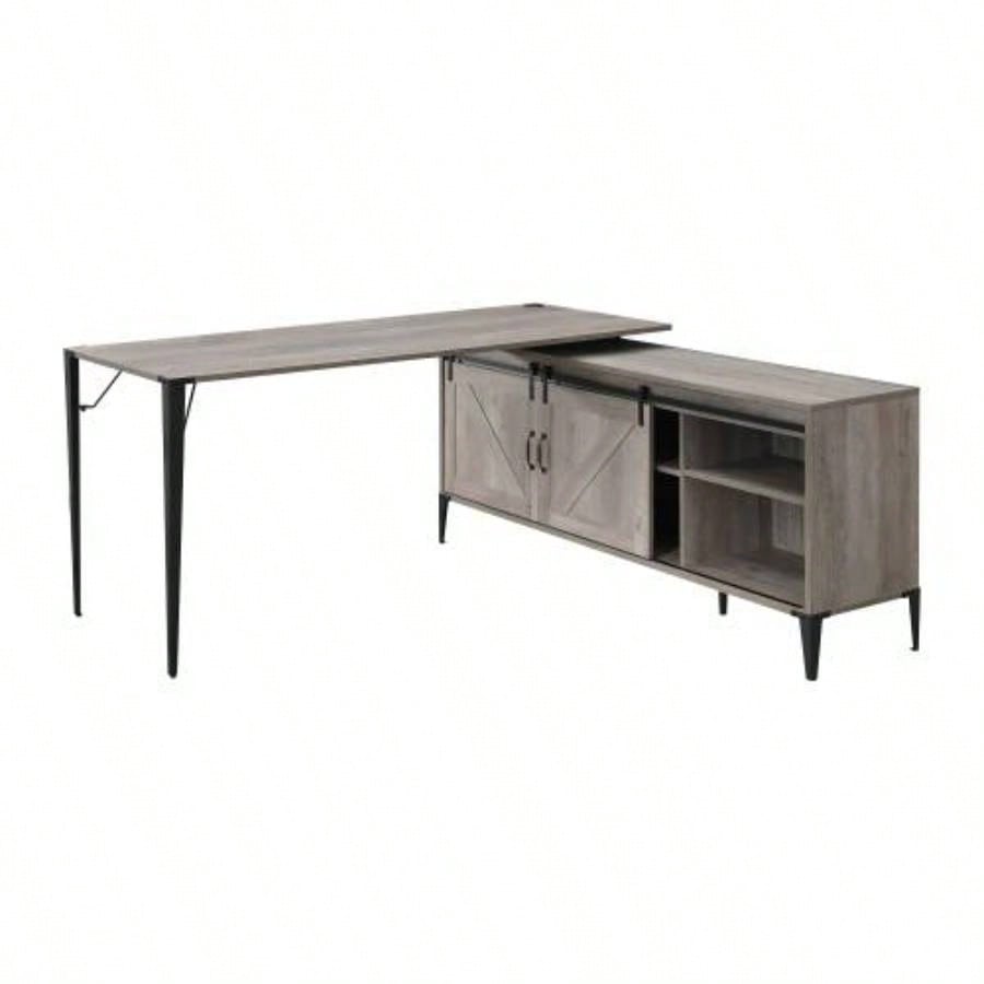 Zakawani Gray Oak Black Writing Desk with a Cabinet