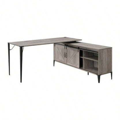 Zakawani Gray Oak Black Writing Desk with a Cabinet