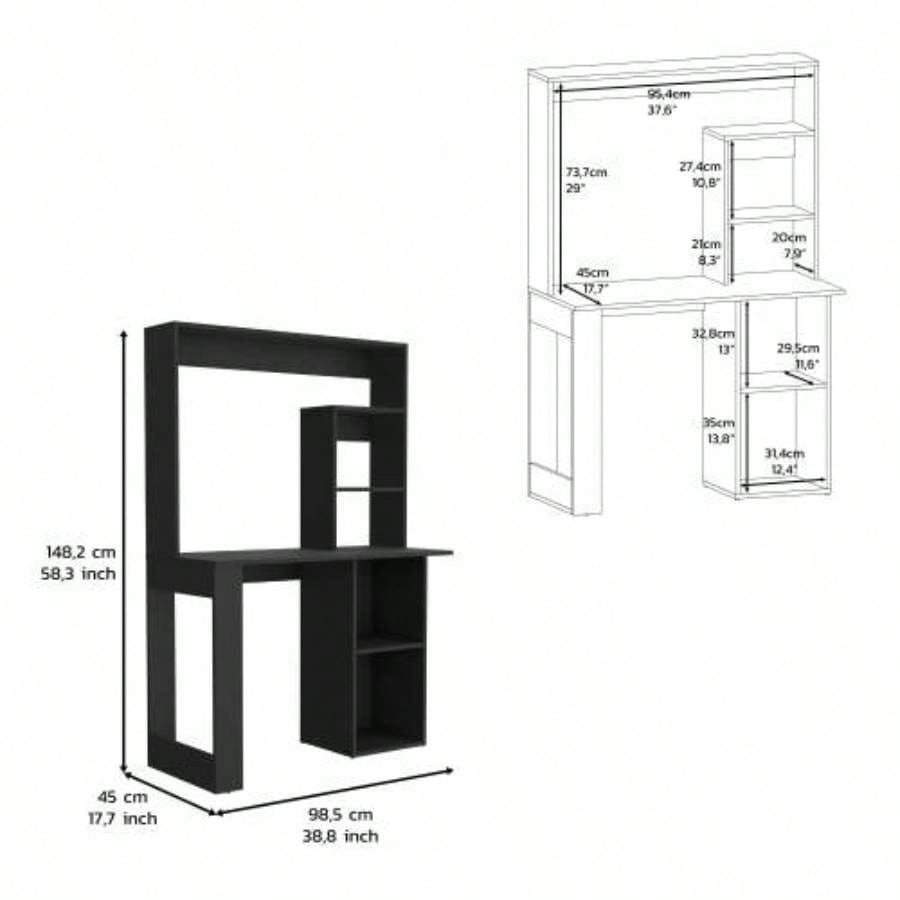 Writing Computer Desk with Storage Shelves and Hutch, Black