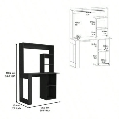 Writing Computer Desk with Storage Shelves and Hutch, Black