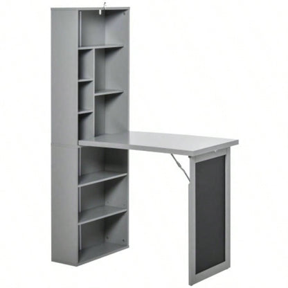 HOMCOM Fold - out Convertible Writing Table Wall Mount Desk Cabinet with Blackboard and Side Shelf Multi - Function Home Office Workstation,