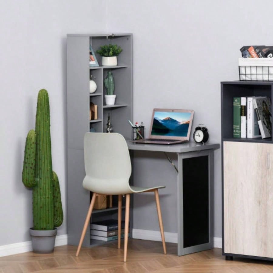 HOMCOM Fold - out Convertible Writing Table Wall Mount Desk Cabinet with Blackboard and Side Shelf Multi - Function Home Office Workstation,