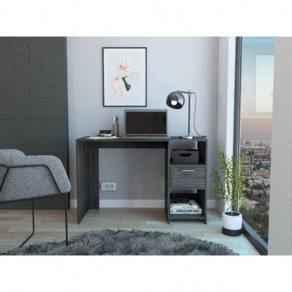 Computer Desk with 1 - Drawer and 2 - Open Storage Shelves, Smokey Oak