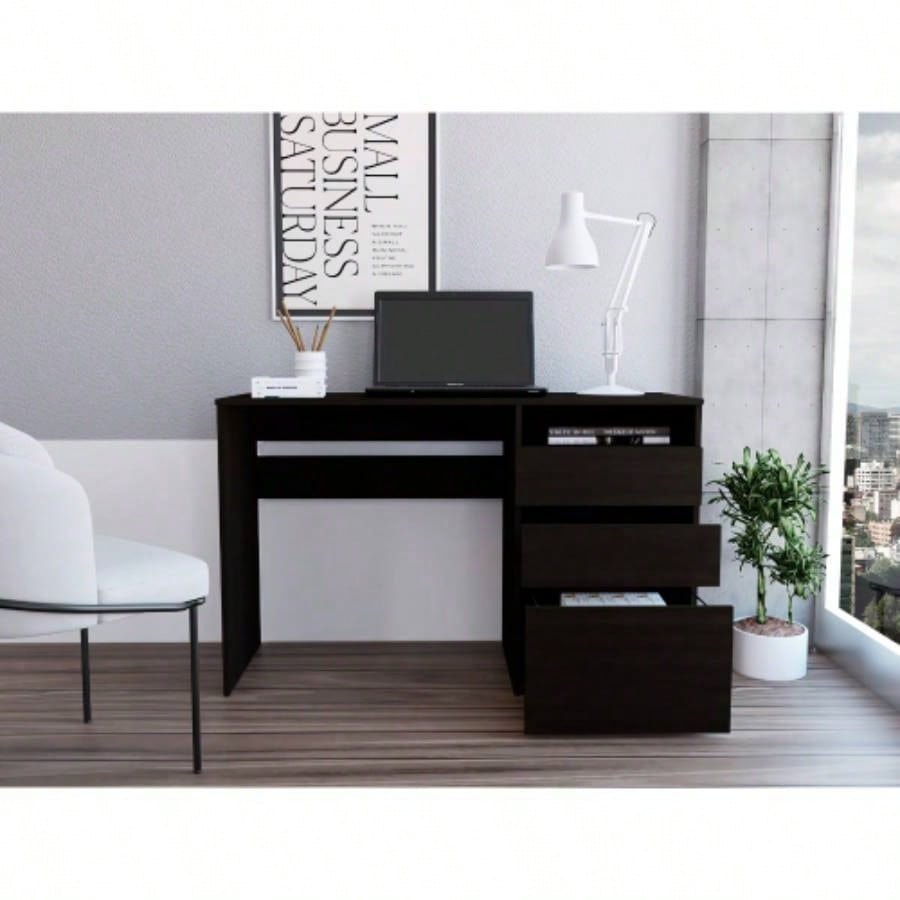 Kenai 3 Drawers Computer Desk, One Shelf, Black