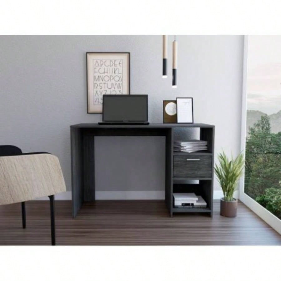 Computer Desk with 1 - Drawer and 2 - Open Storage Shelves, Smokey Oak