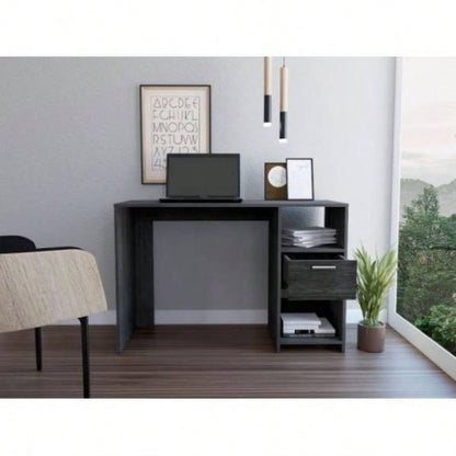 Computer Desk with 1 - Drawer and 2 - Open Storage Shelves, Smokey Oak