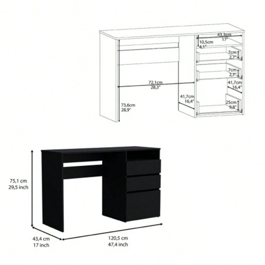 Kenai 3 Drawers Computer Desk, One Shelf, Black