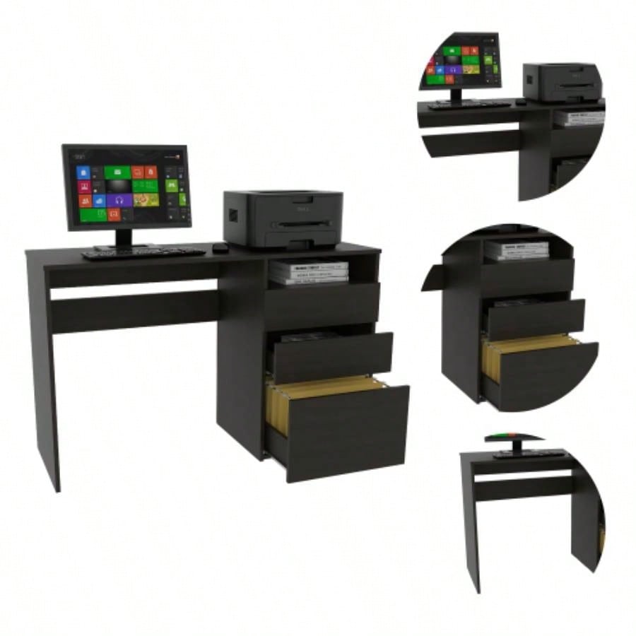 Kenai 3 Drawers Computer Desk, One Shelf, Black