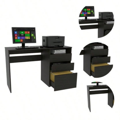 Kenai 3 Drawers Computer Desk, One Shelf, Black