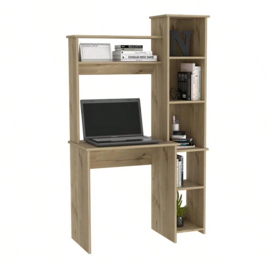 Desk, Five Shelves, Two Superior Shelves, Light Oak