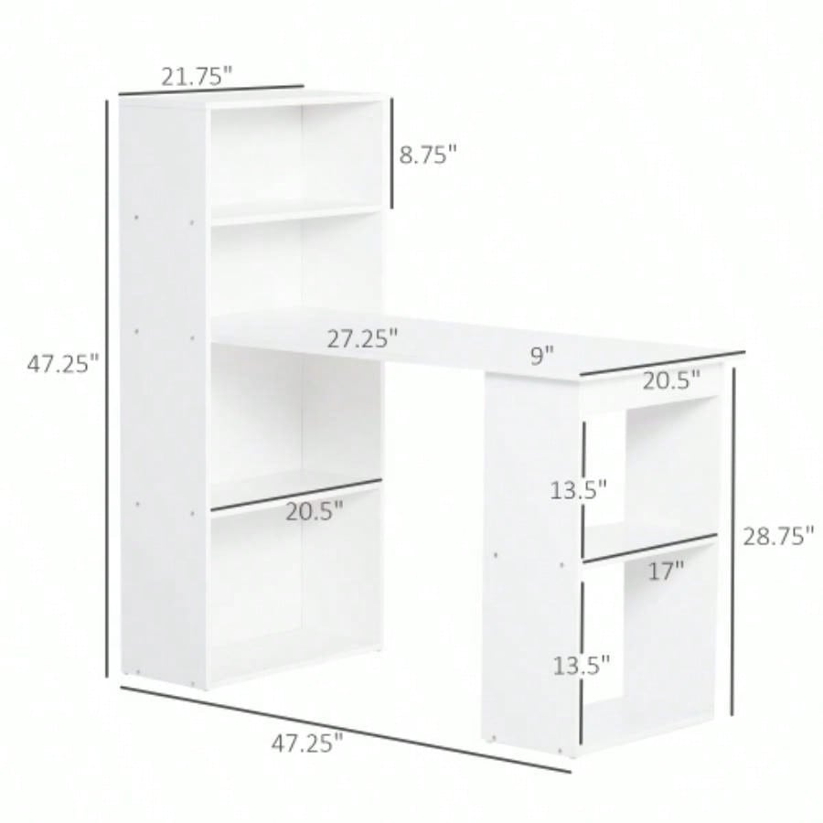 HOMCOM Modern Home Office Desk with 6 - Tier Storage Shelves, 47 Writing Table with Bookshelf, White