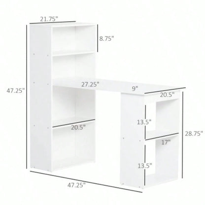 HOMCOM Modern Home Office Desk with 6 - Tier Storage Shelves, 47 Writing Table with Bookshelf, White