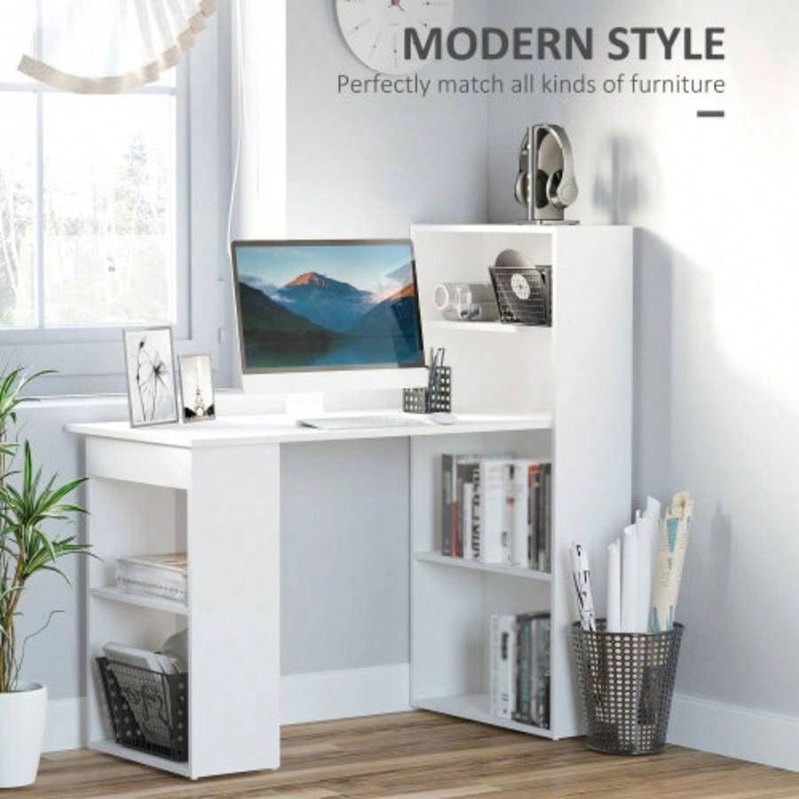 HOMCOM Modern Home Office Desk with 6 - Tier Storage Shelves, 47 Writing Table with Bookshelf, White