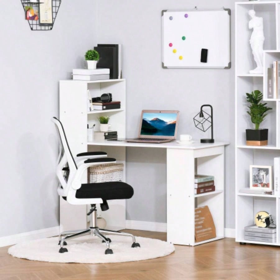 HOMCOM Modern Home Office Desk with 6 - Tier Storage Shelves, 47 Writing Table with Bookshelf, White