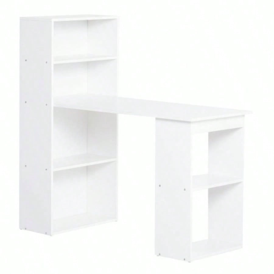 HOMCOM Modern Home Office Desk with 6 - Tier Storage Shelves, 47 Writing Table with Bookshelf, White
