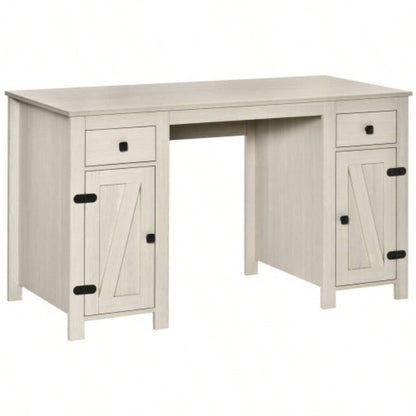 HOMCOM Farmhouse Computer Desk with Storage, Home Office Desk with 2 Drawers and 2 Cabinets, White