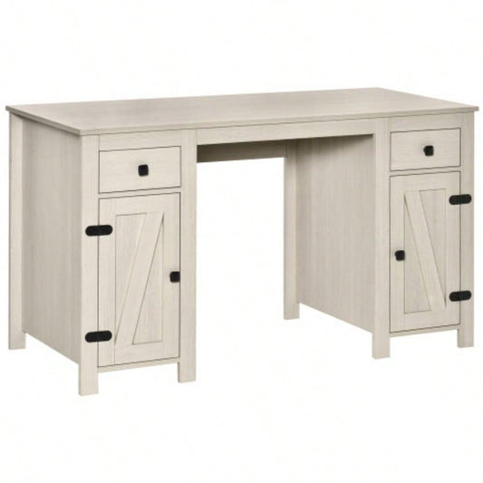 HOMCOM Farmhouse Computer Desk with Storage, Home Office Desk with 2 Drawers and 2 Cabinets, White