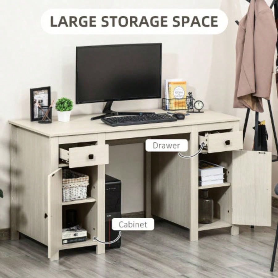 HOMCOM Farmhouse Computer Desk with Storage, Home Office Desk with 2 Drawers and 2 Cabinets, White