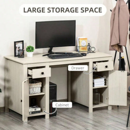 HOMCOM Farmhouse Computer Desk with Storage, Home Office Desk with 2 Drawers and 2 Cabinets, White