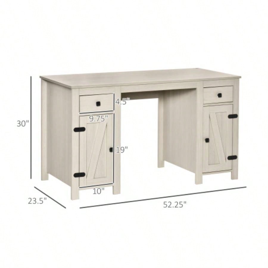 HOMCOM Farmhouse Computer Desk with Storage, Home Office Desk with 2 Drawers and 2 Cabinets, White