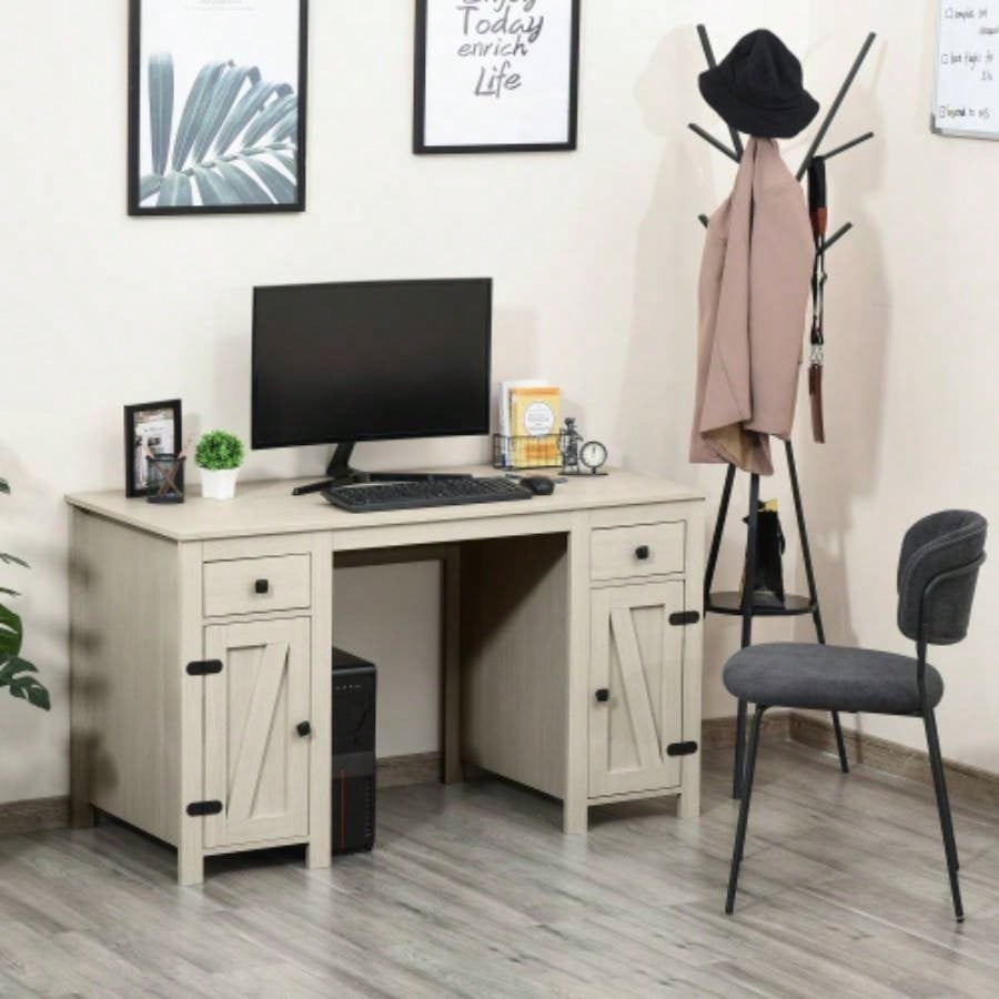 HOMCOM Farmhouse Computer Desk with Storage, Home Office Desk with 2 Drawers and 2 Cabinets, White