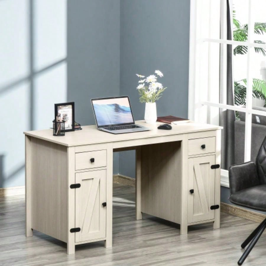 HOMCOM Farmhouse Computer Desk with Storage, Home Office Desk with 2 Drawers and 2 Cabinets, White