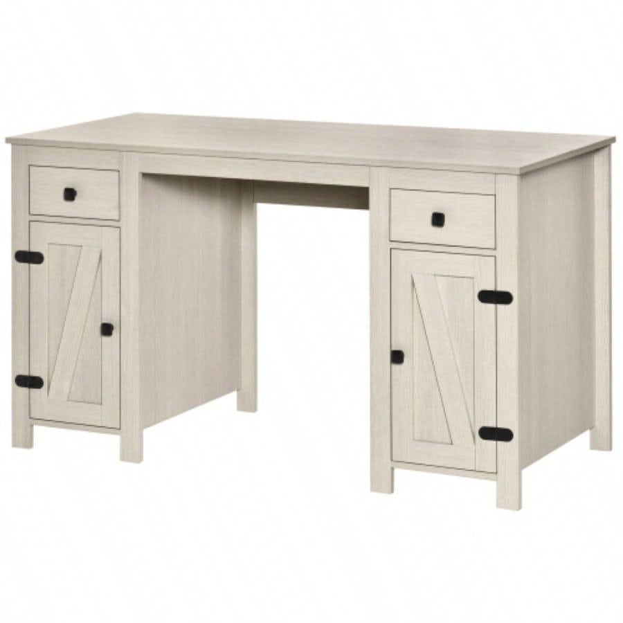 HOMCOM Farmhouse Computer Desk with Storage, Home Office Desk with 2 Drawers and 2 Cabinets, White