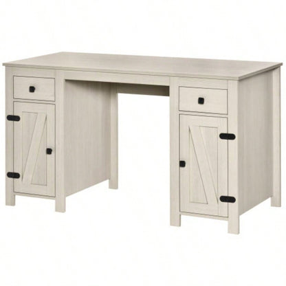 HOMCOM Farmhouse Computer Desk with Storage, Home Office Desk with 2 Drawers and 2 Cabinets, White