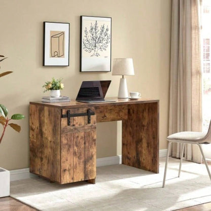 Home Office Desk Distressed Wood One Cabinet Three Shelves Faux Barn Door on Metal Euro Hinges Modesty Panel