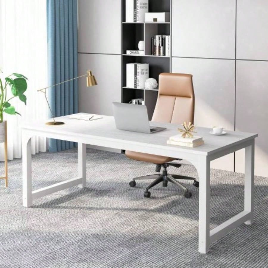 70.8 Executive Office Desk, Large Modern Computer Workstation with Thick Metal Frame, Rustic Vintage Gray Black Business Furniture Home Office