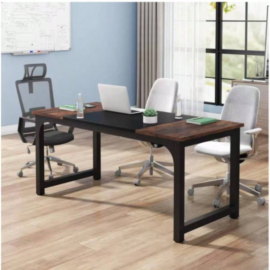 70.8 Executive Office Desk, Large Modern Computer Workstation with Thick Metal Frame, Rustic Vintage Gray Black Business Furniture Home Office