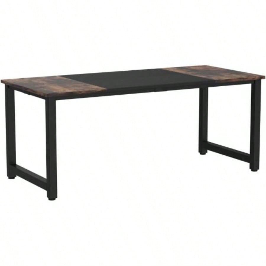 70.8 Executive Office Desk, Large Modern Computer Workstation with Thick Metal Frame, Rustic Vintage Gray Black Business Furniture Home Office