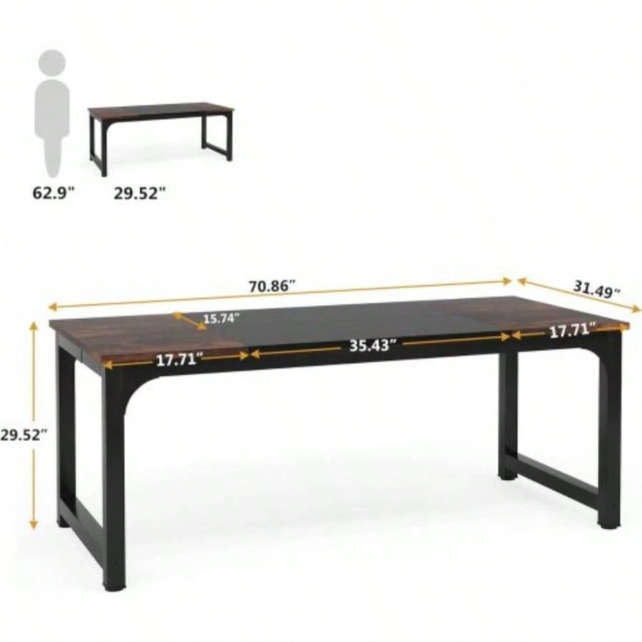 70.8 Executive Office Desk, Large Modern Computer Workstation with Thick Metal Frame, Rustic Vintage Gray Black Business Furniture Home Office