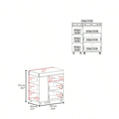 Extendable Desk, 2 Drawers, 4 Shelves, 4 Wheels