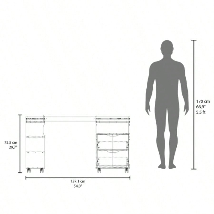 Extendable Desk, 2 Drawers, 4 Shelves, 4 Wheels